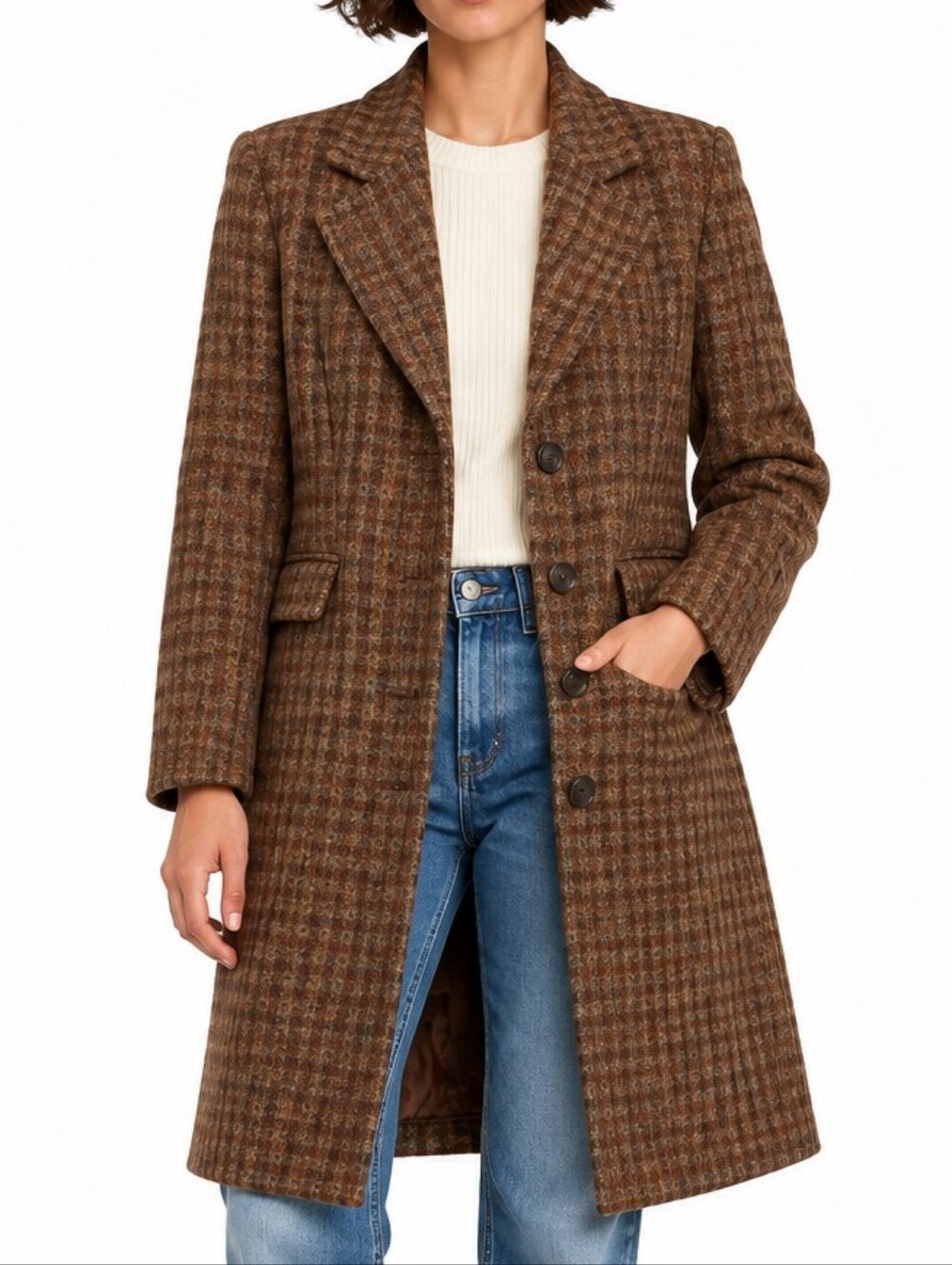 Larry Levine Woolrich Brown Plaid Wool Blend Long Coat Womens 6 Made in USA